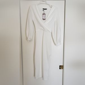 Ivory off the shoulder wrap midi bodycon dress from BooHoo.